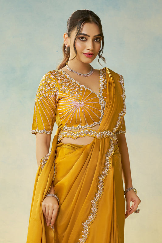 Yellow Satin Silk Readymade Saree-SAR11139_2_SareeButa.com