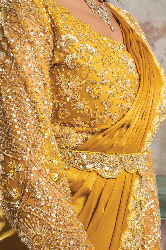 Yellow Satin Silk Readymade Saree with Stitched Blouse-SAR12103_2_SareeButa.com