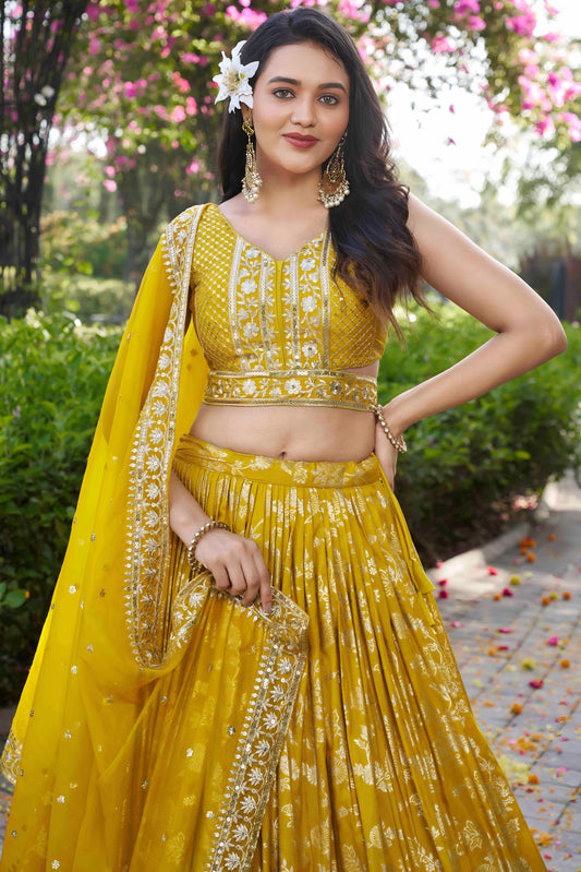 Yellow Semi-Stitched Embroidered Jacquard Silk Lehenga-LC210_2_SareeButa.com