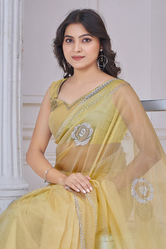Yellow Stone Work Organza Saree-SAR10762_2_SareeButa.com
