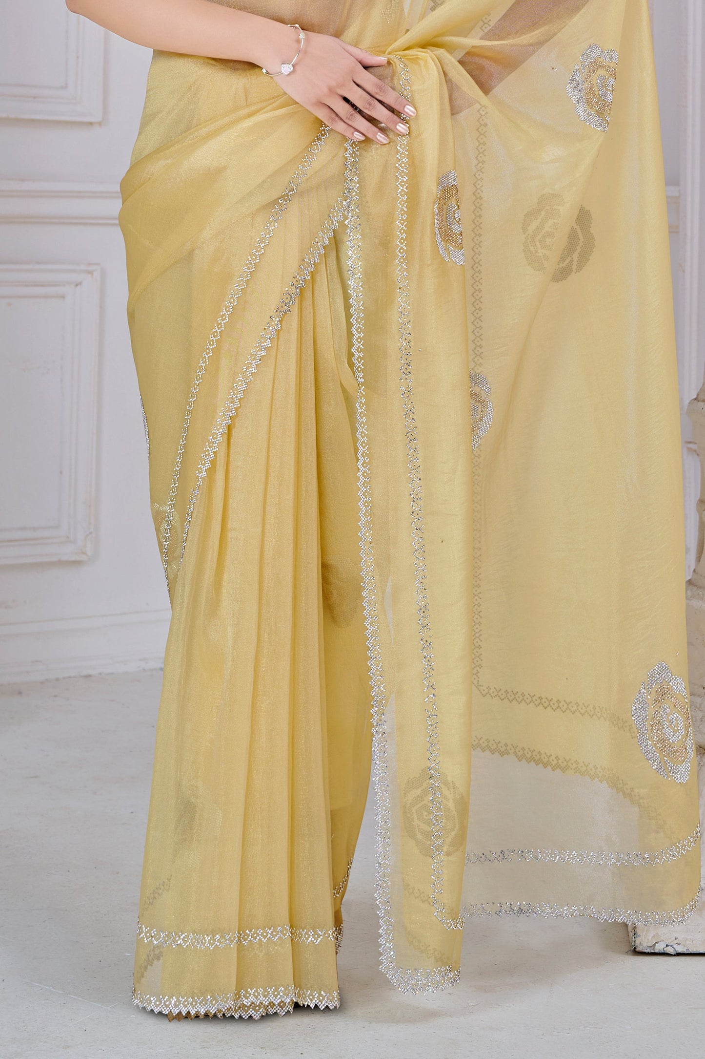 Yellow Stone Work Organza Saree-SAR10762_5_SareeButa.com