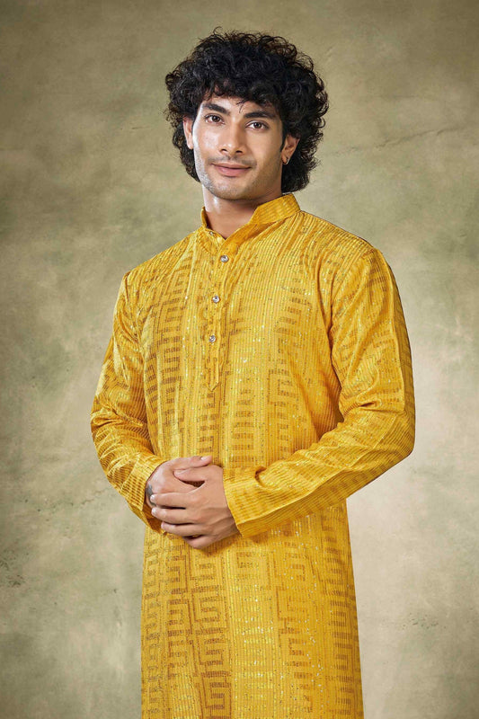 Yellow Viscose Sequin Kurta Pajama-MW41_2_SareeButa.com