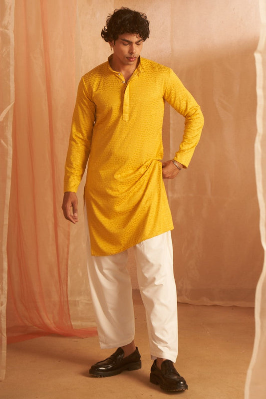 Yellow Viscose Sequin Kurta Pajama-MW55_2_SareeButa.com