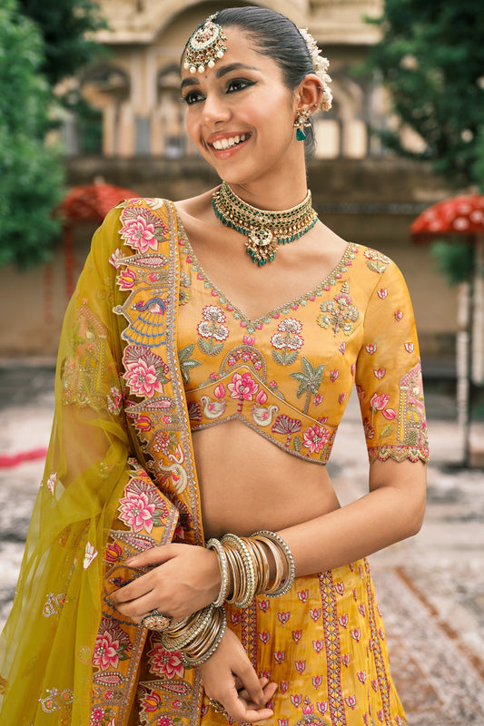 Yellow and Green Semi-Stitched Embroidered Silk Lehenga-SAR10429_2_SareeButa.com