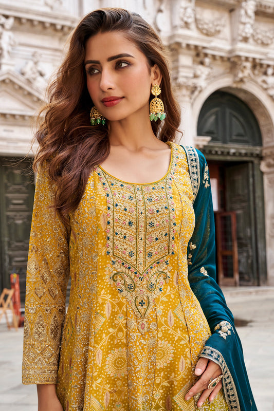 Yellow and Green Viscose Silk Anarkali Suit-SAR12112_2_SareeButa.com