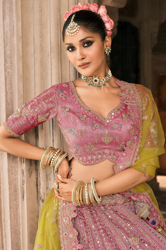 Yellow and Pink Semi-Stitched Embroidered Silk Lehenga-SAR10437_2_SareeButa.com