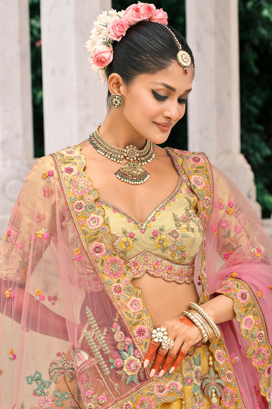 Yellow and Pink Semi-Stitched Embroidered Silk Lehenga-SAR10439_2_SareeButa.com