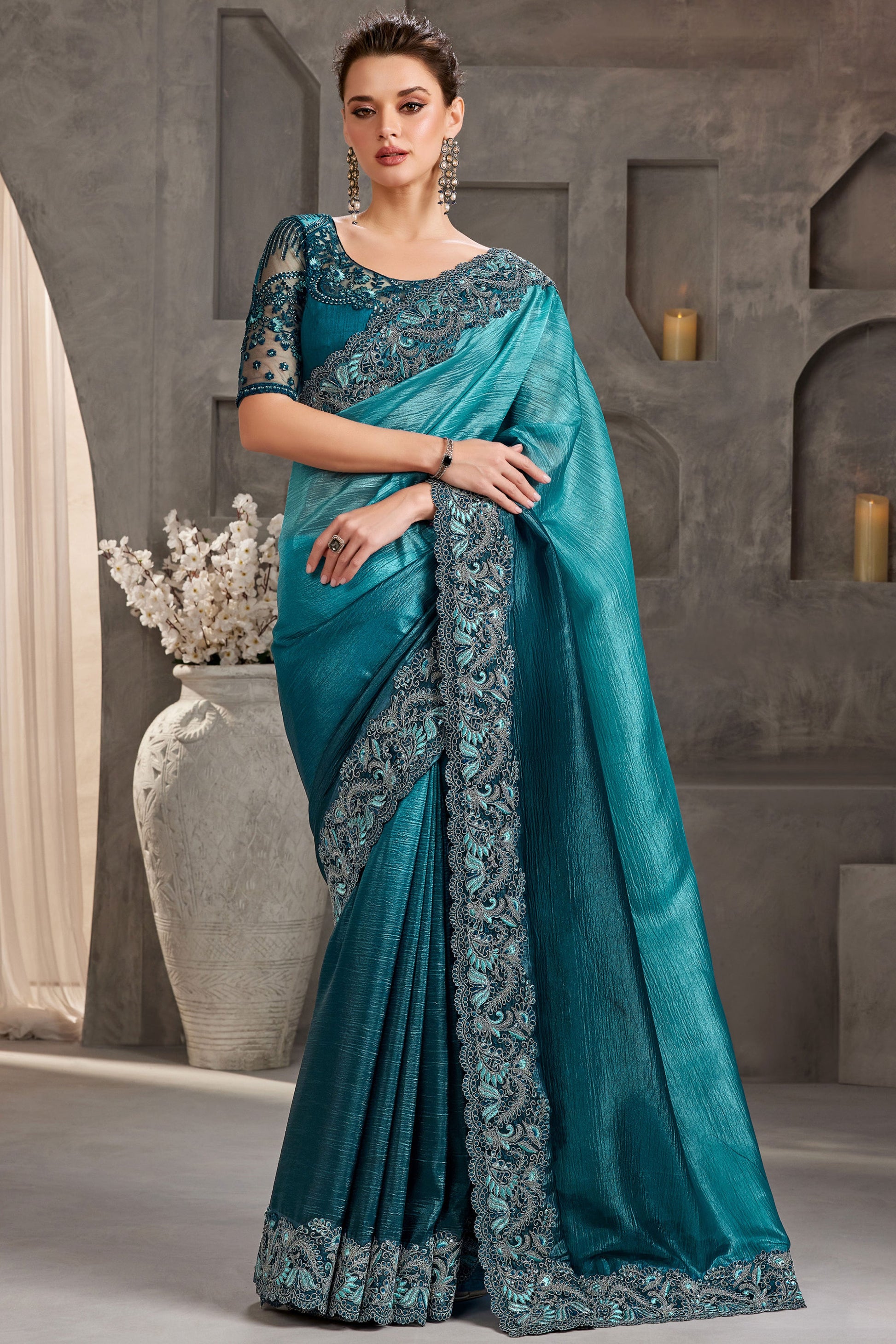 2-Tone Blue Embroidered Crush Silk Saree-ZB134235_1_SareeButa.com