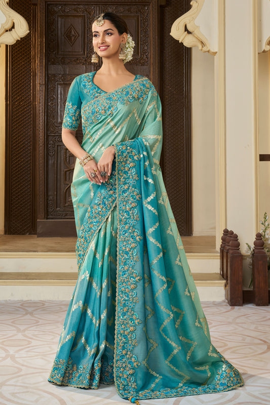 2-Tone Blue Pure Tissue Silk Saree