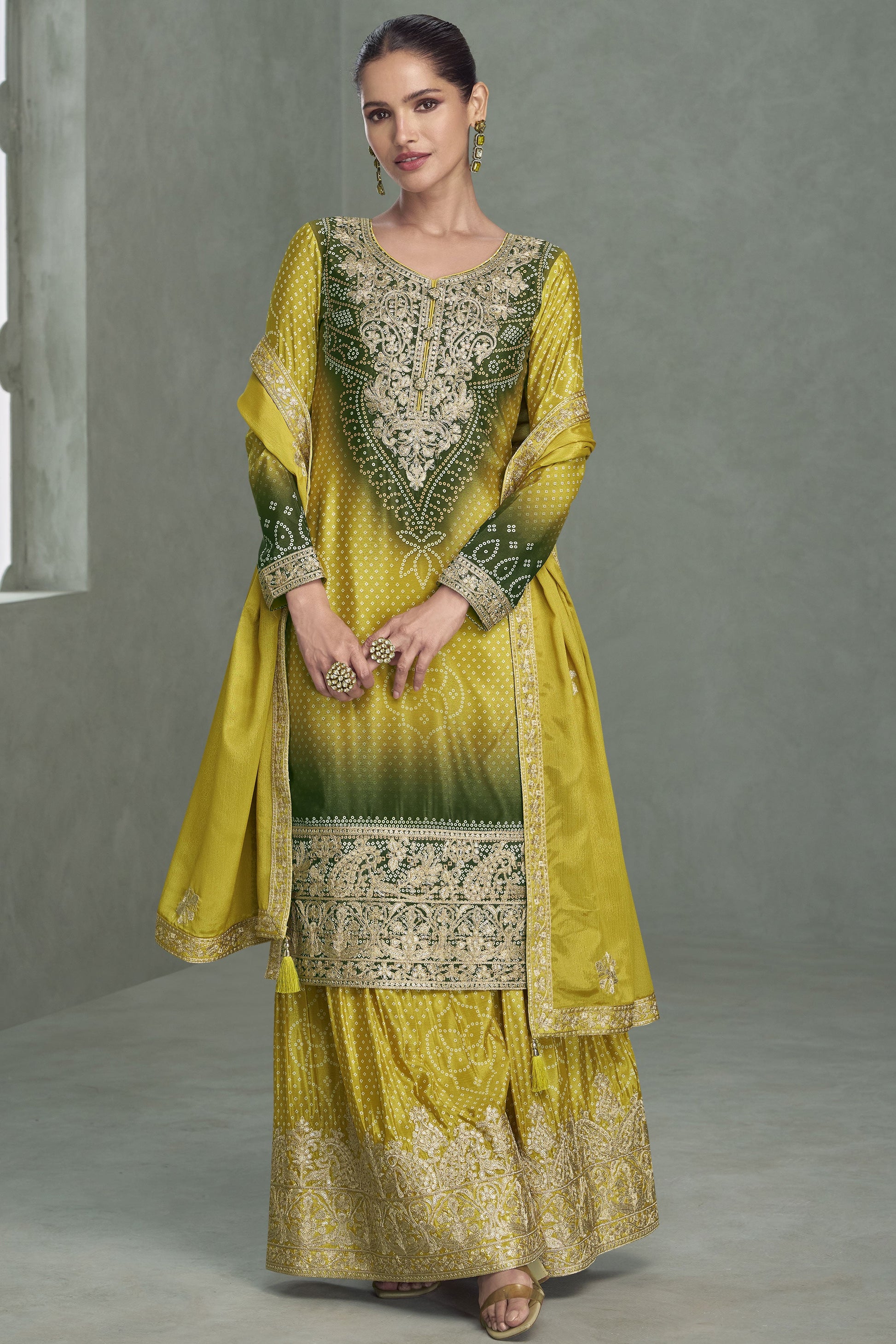 2-Tone Green Readymade Embroidered Chinon Silk Suit-SS923_1_SareeButa.com