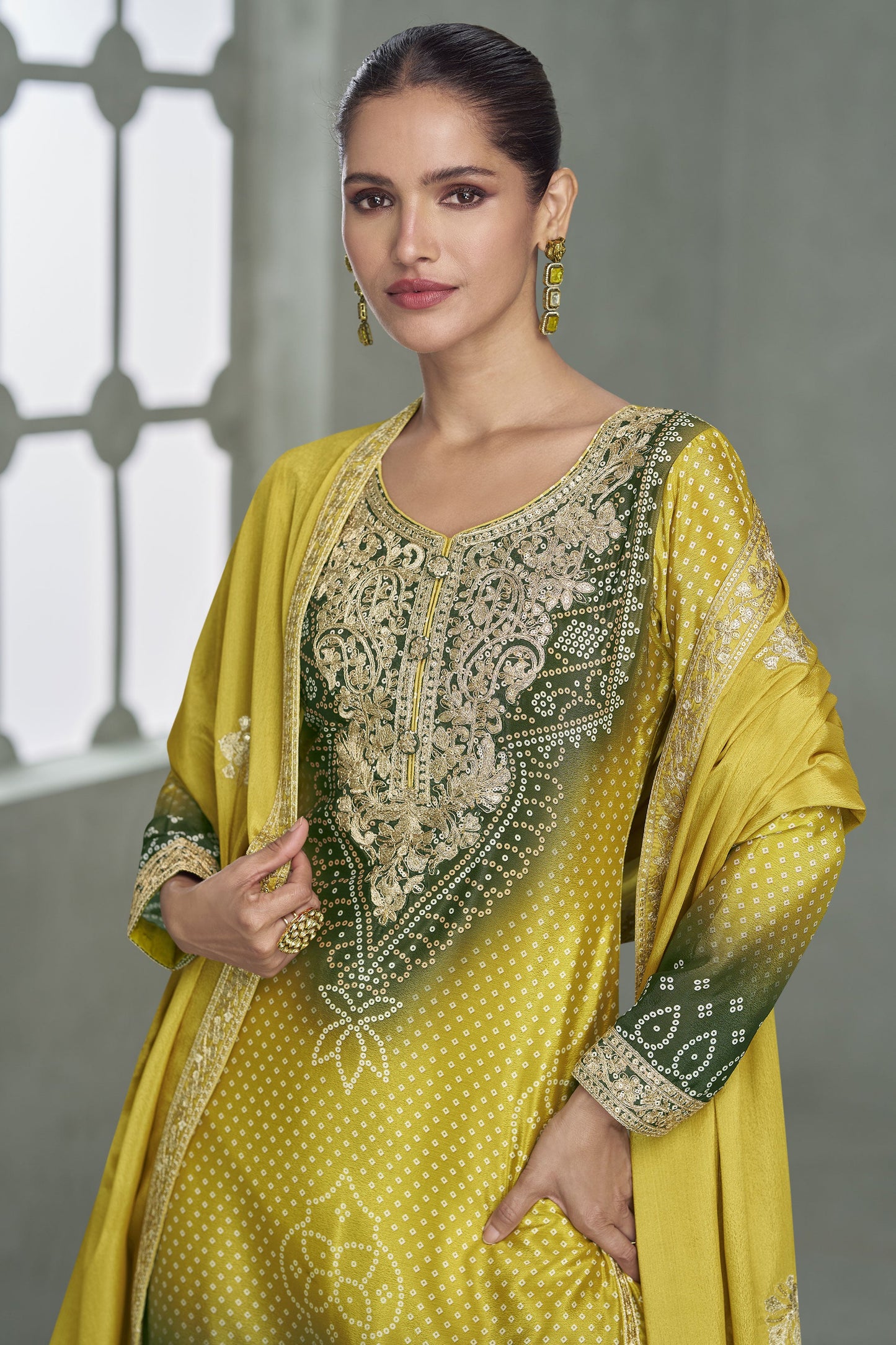 2-Tone Green Readymade Embroidered Chinon Silk Suit-SS923_2_SareeButa.com
