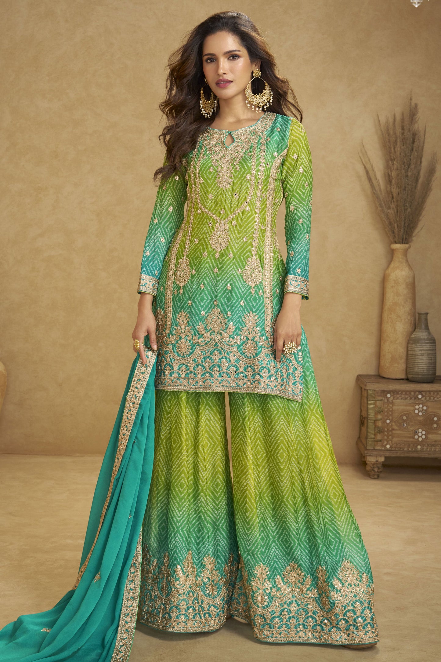 2-Tone Green Readymade Embroidered Chinon Suit-SS840_1_SareeButa.com
