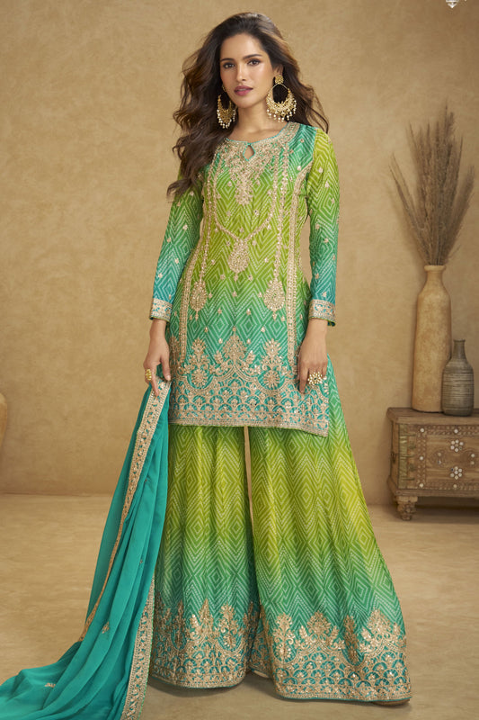 2-Tone Green Readymade Embroidered Chinon Suit-SS840_1_SareeButa.com