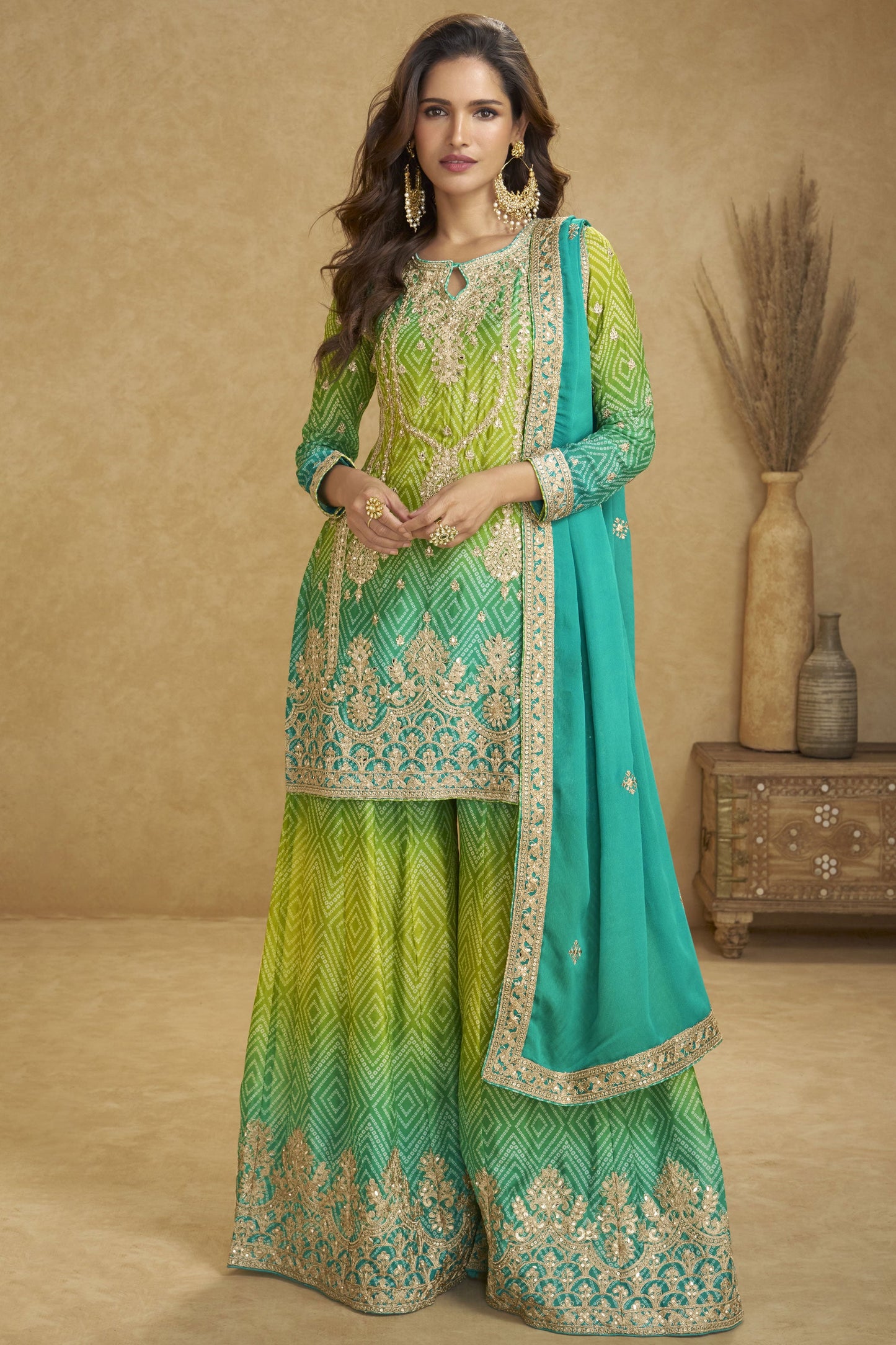 2-Tone Green Readymade Embroidered Chinon Suit-SS840_3_SareeButa.com