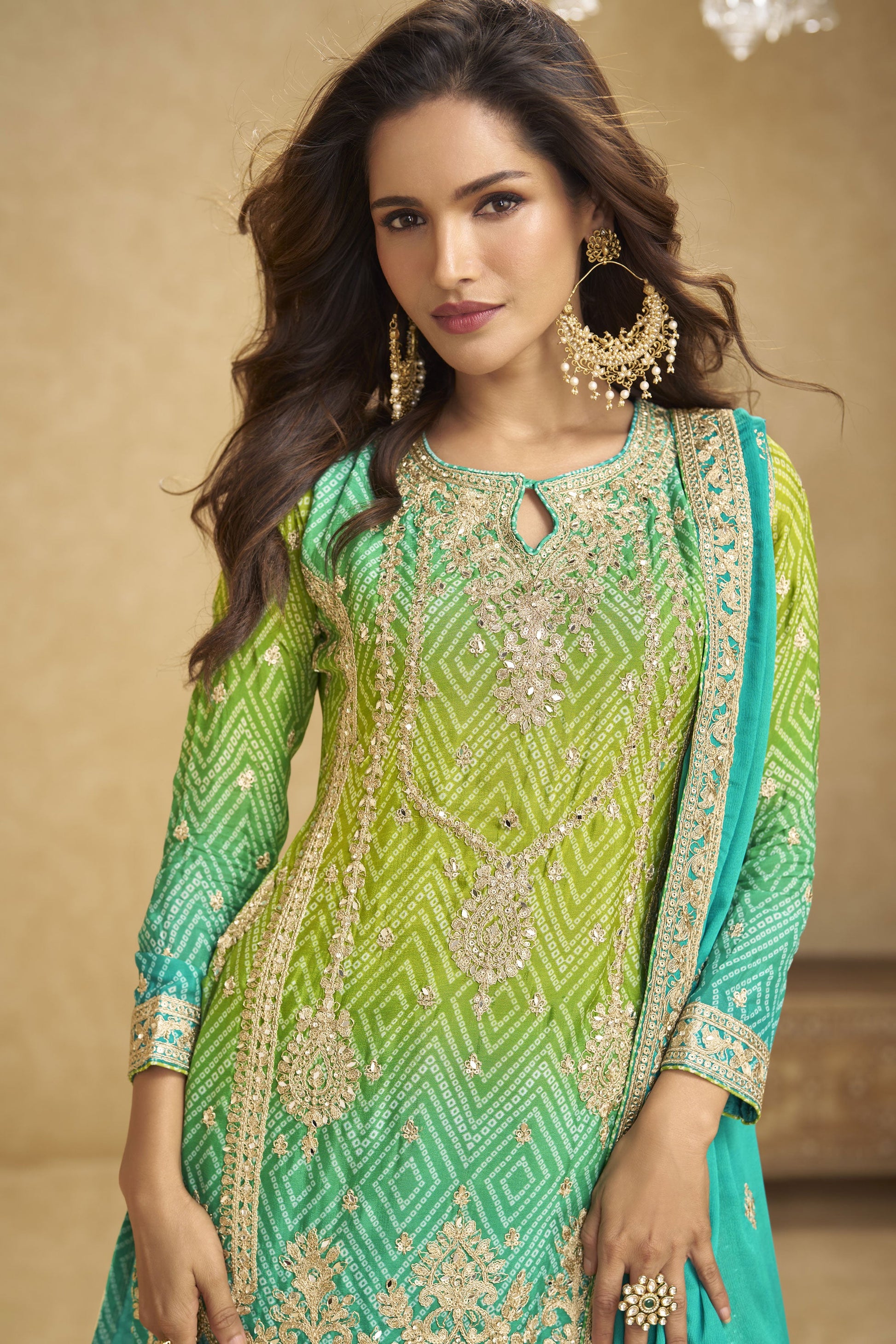 2-Tone Green Readymade Embroidered Chinon Suit-SS840_4_SareeButa.com