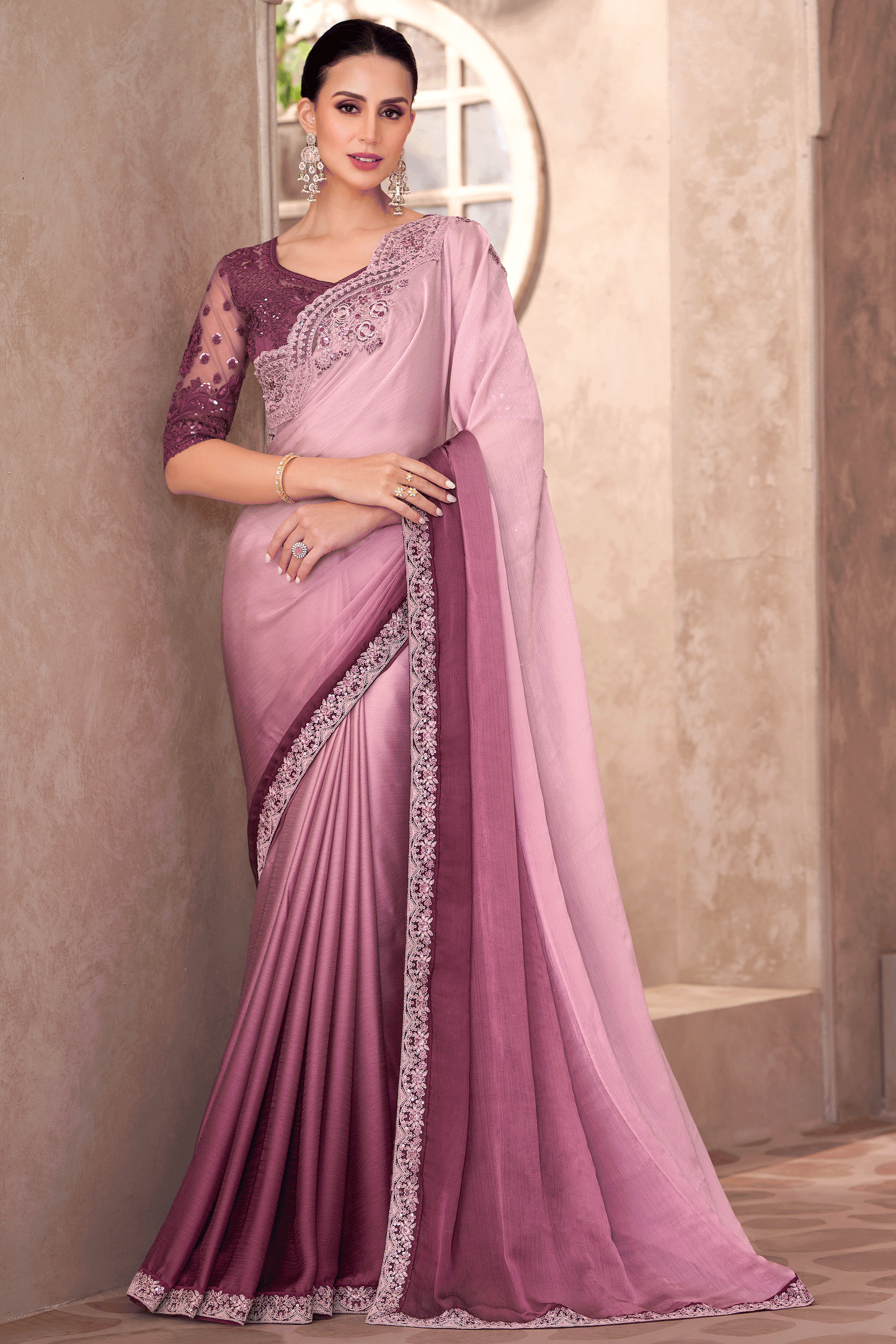 2-Tone Pink Embroidered Shaded Chiffon Saree-ZB134920_1_SareeButa.com