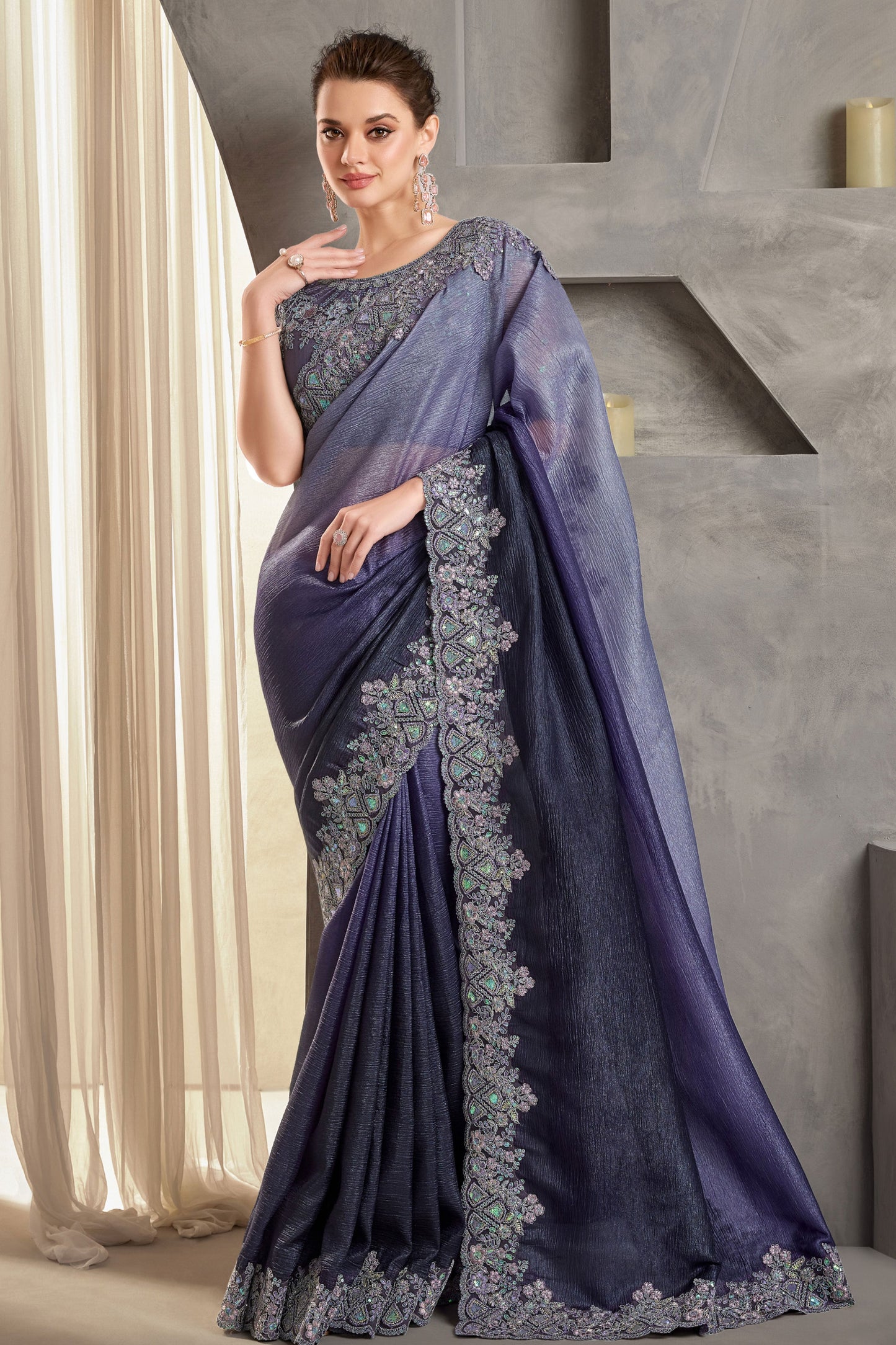 2-Tone Purple Embroidered Crush Silk Saree-ZB134234_1_SareeButa.com