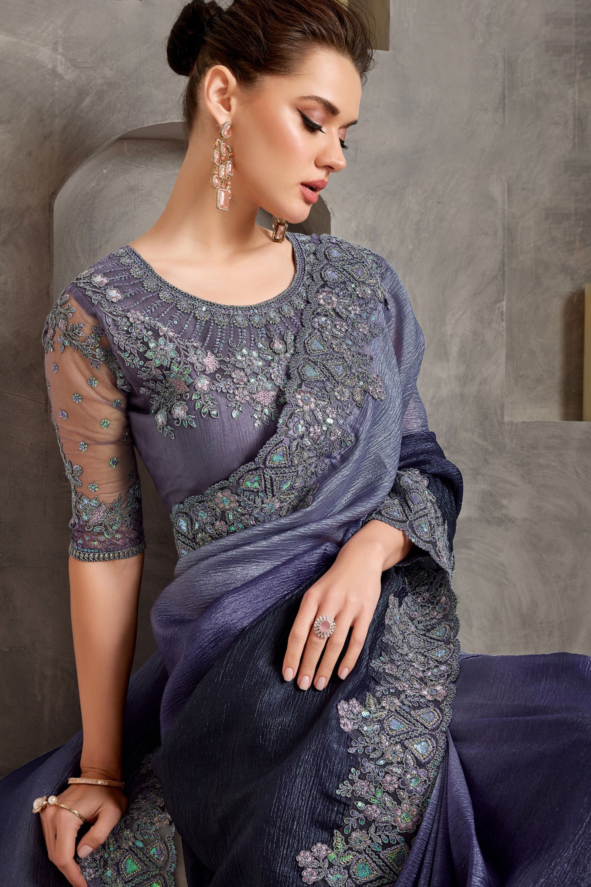 2-Tone Purple Embroidered Crush Silk Saree-ZB134234_2_SareeButa.com