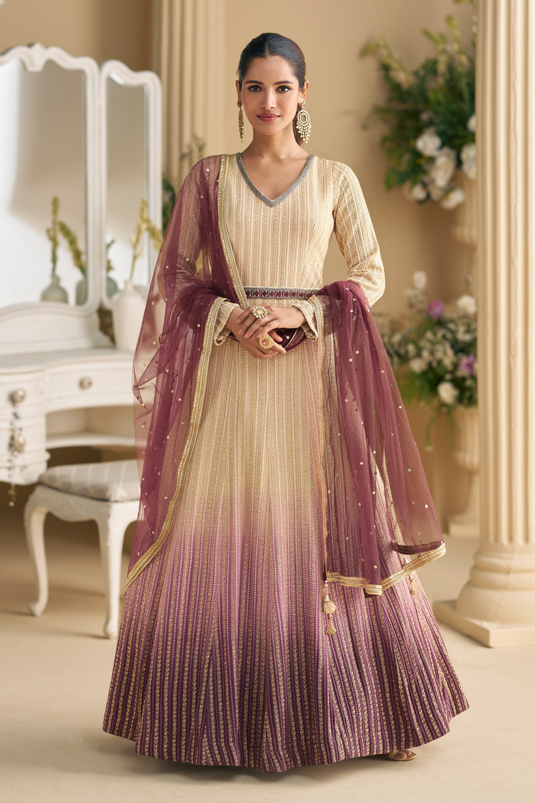 2-Tone Beige Readymade Georgette Gown With Dupatta-SAR11542_1_SareeButa.com