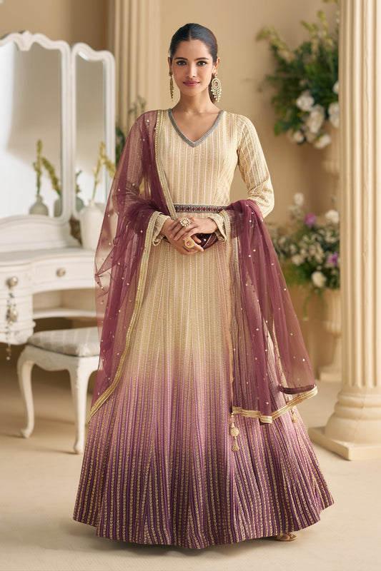 2-Tone Beige Readymade Georgette Gown With Dupatta-SAR11542_1_SareeButa.com