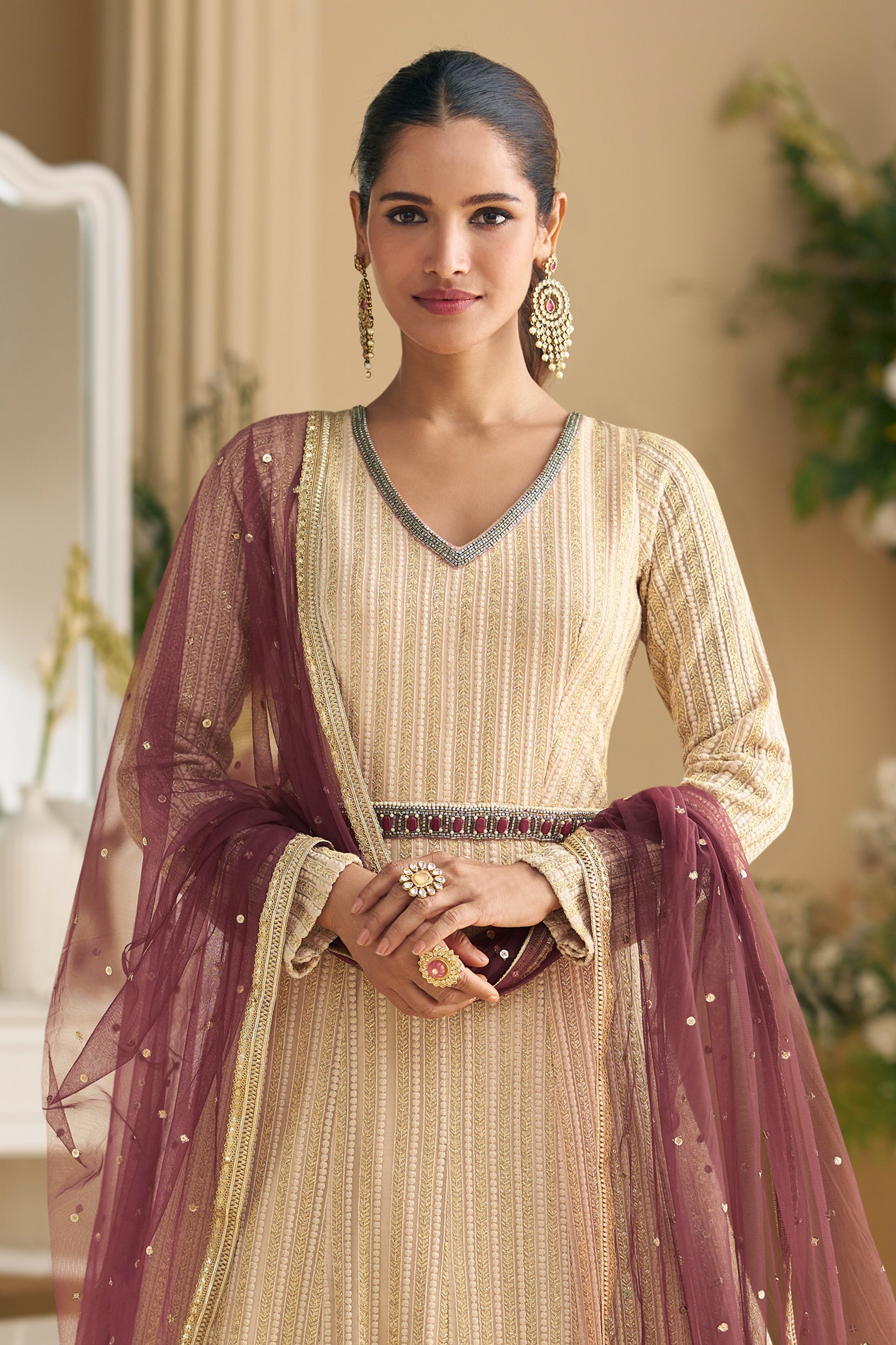 2-Tone Beige Readymade Georgette Gown With Dupatta-SAR11542_3_SareeButa.com