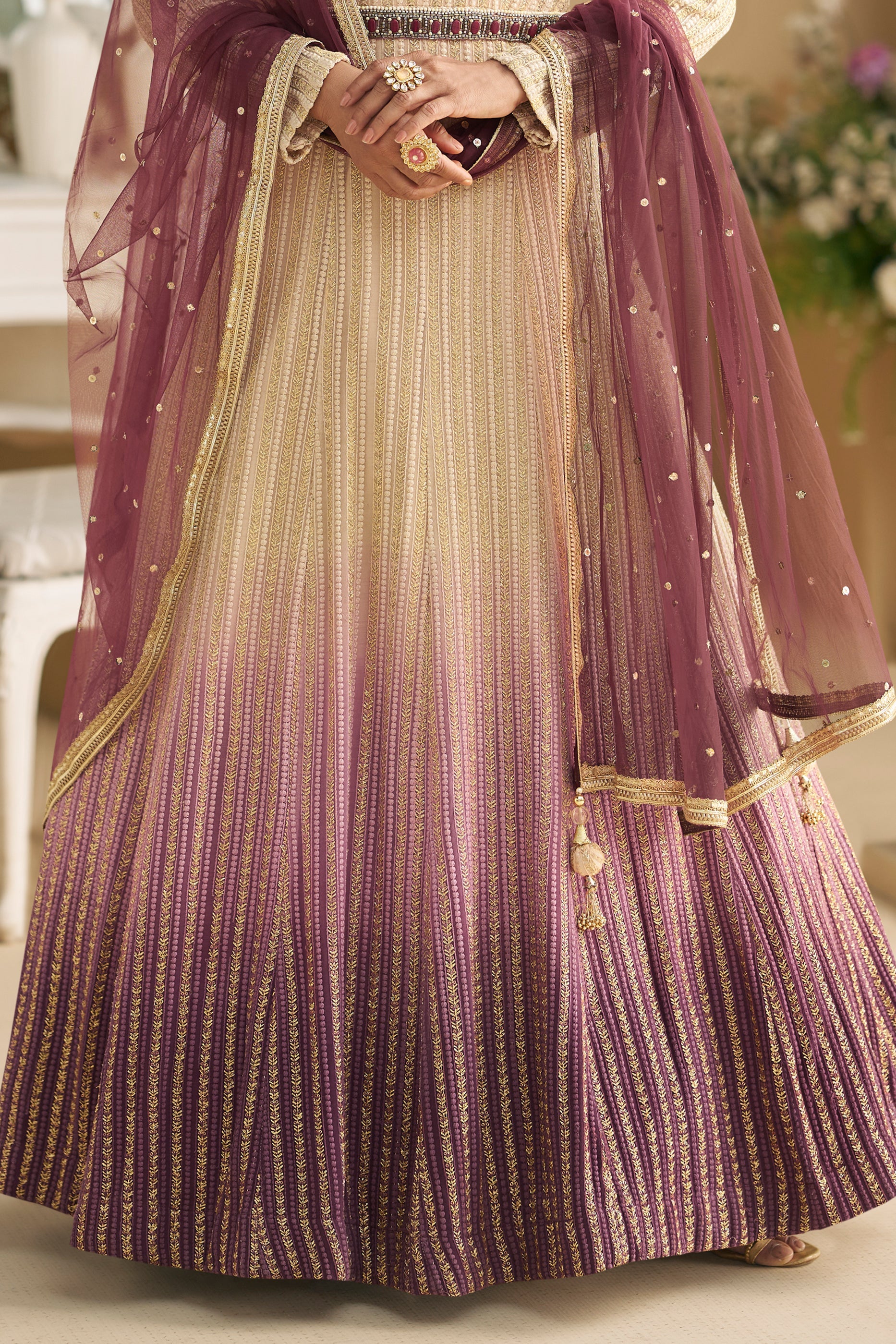 2-Tone Beige Readymade Georgette Gown With Dupatta-SAR11542_4_SareeButa.com