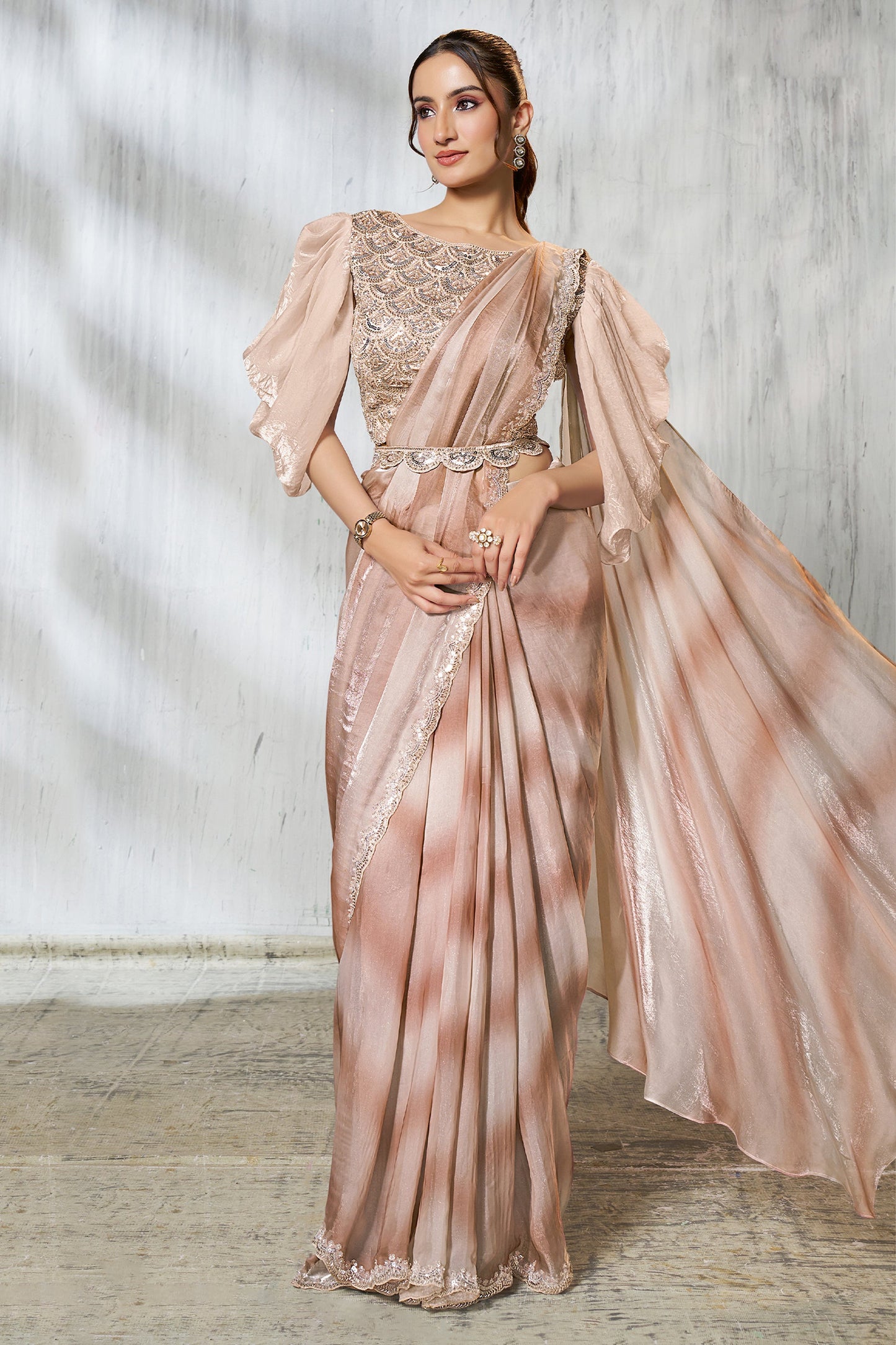 2-Tone Beige Satin Silk Readymade Saree-SAR11134_1_SareeButa.com