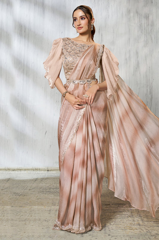 2-Tone Beige Satin Silk Readymade Saree-SAR11134_1_SareeButa.com