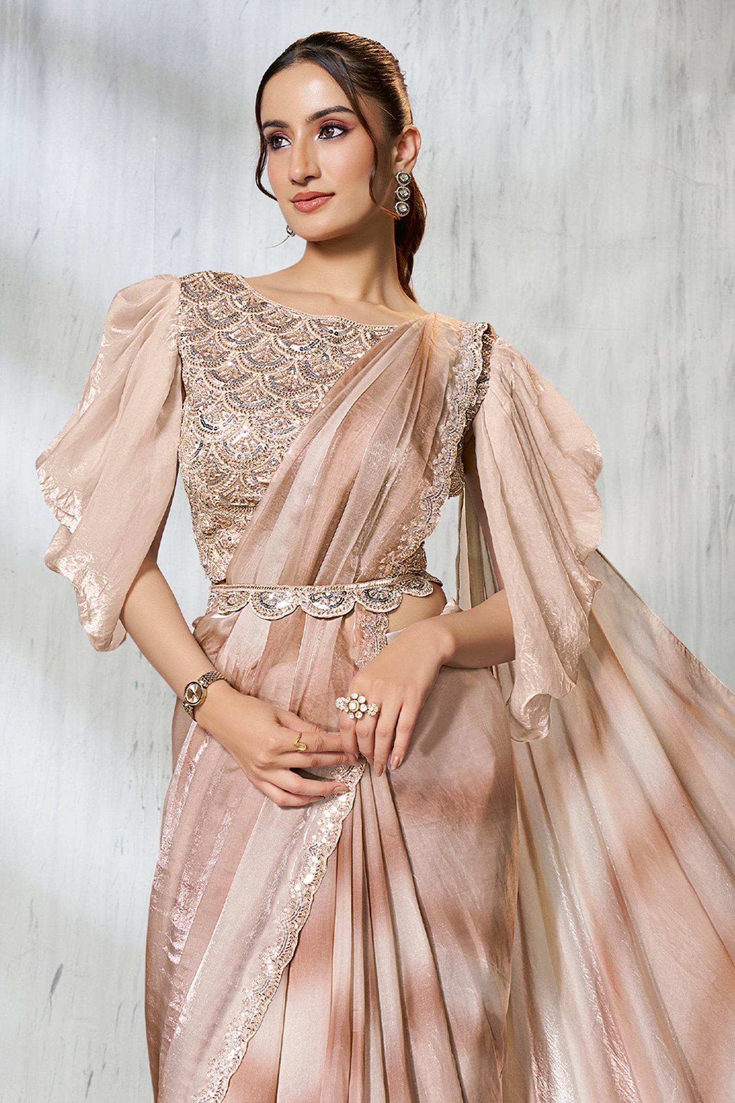 2-Tone Beige Satin Silk Readymade Saree-SAR11134_3_SareeButa.com