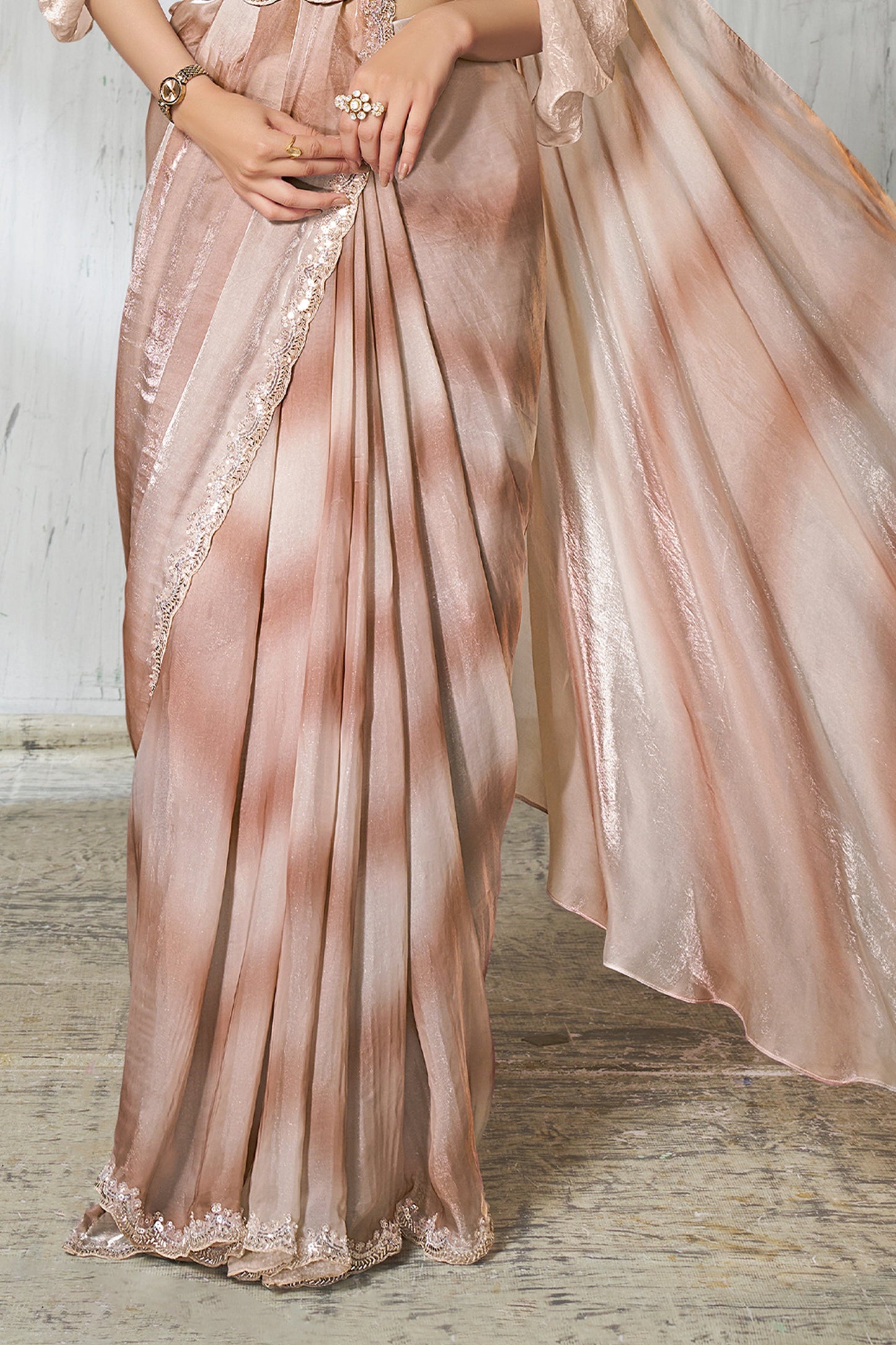 2-Tone Beige Satin Silk Readymade Saree-SAR11134_4_SareeButa.com