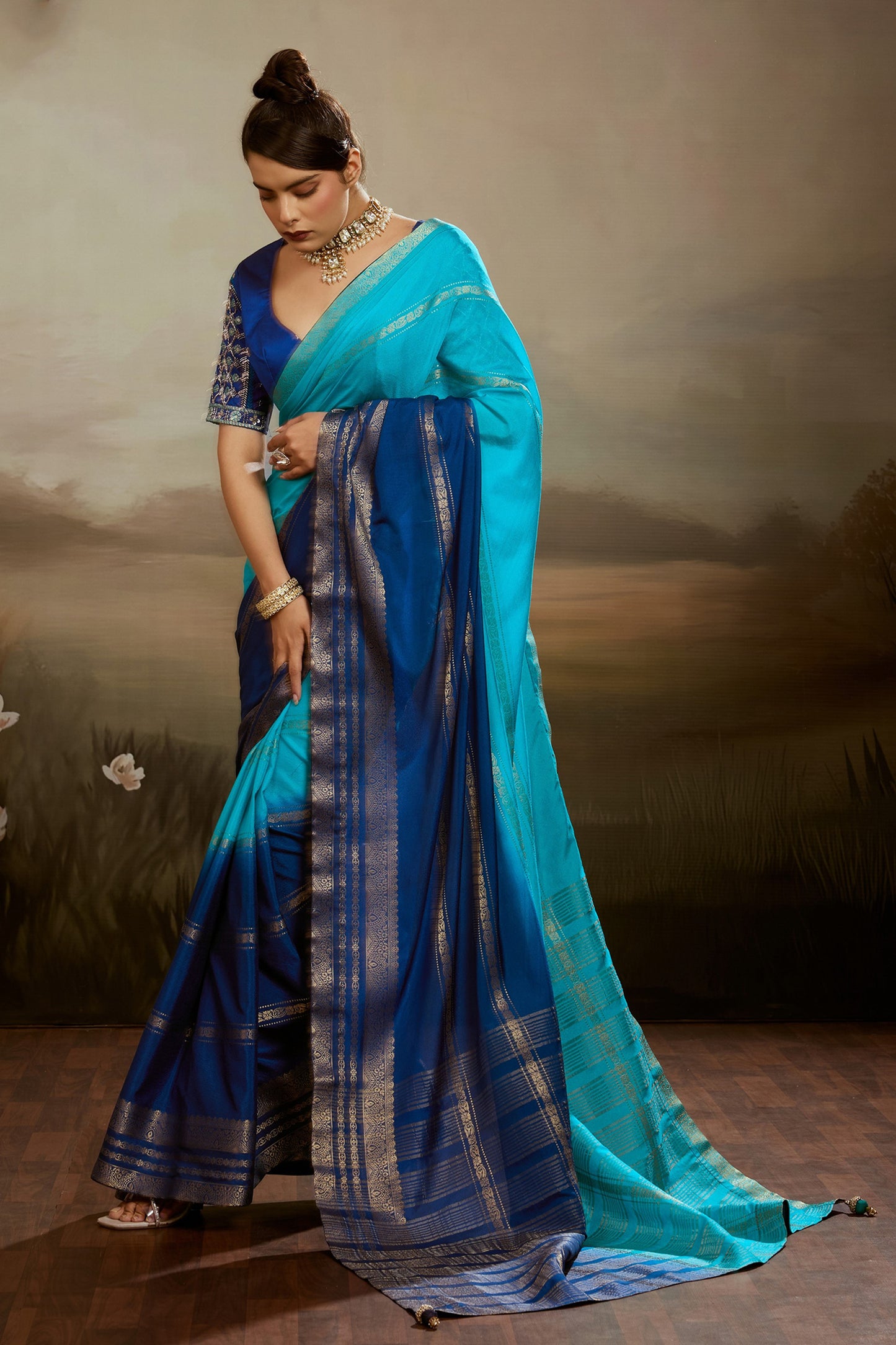 2-Tone Blue Ombre Chiffon Saree-SAR12574_1_SareeButa.com