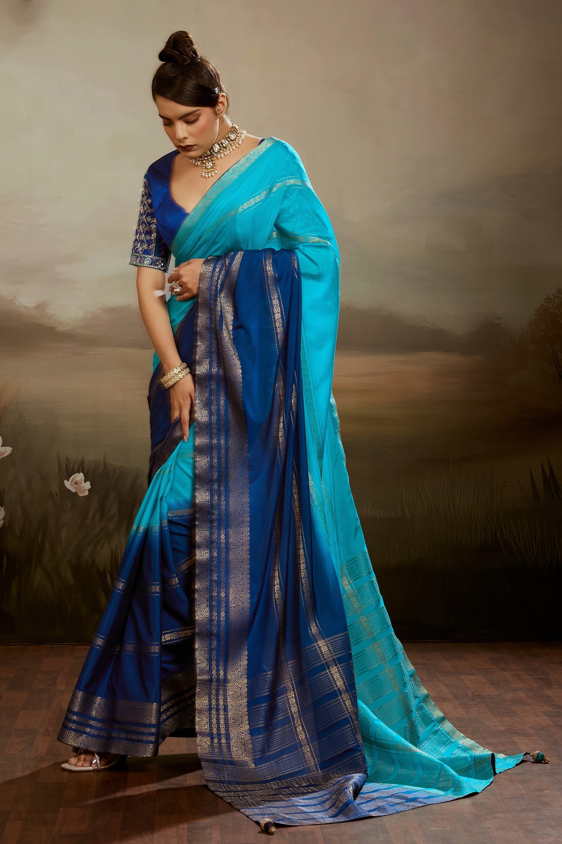 2-Tone Blue Ombre Chiffon Saree-SAR12574_1_SareeButa.com