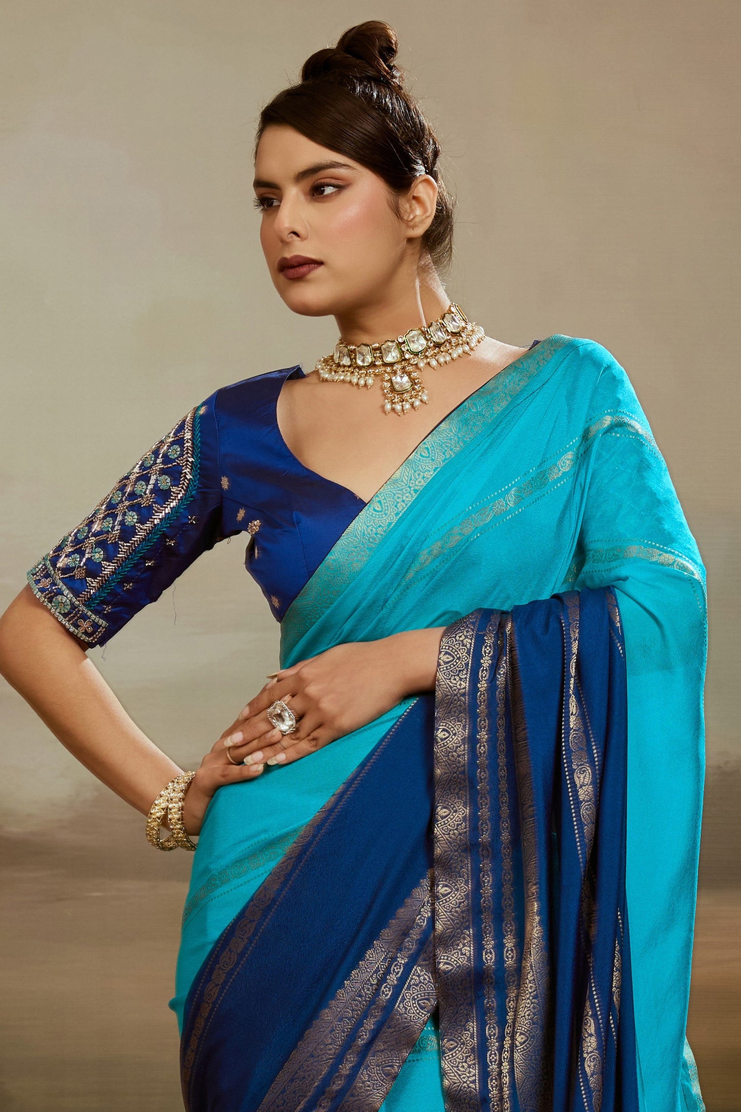 2-Tone Blue Ombre Chiffon Saree-SAR12574_3_SareeButa.com