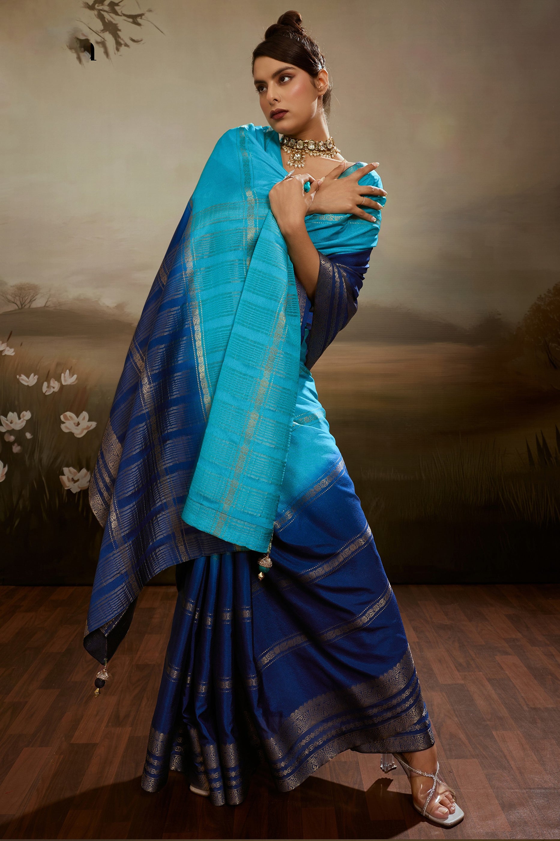 2-Tone Blue Ombre Chiffon Saree-SAR12574_4_SareeButa.com