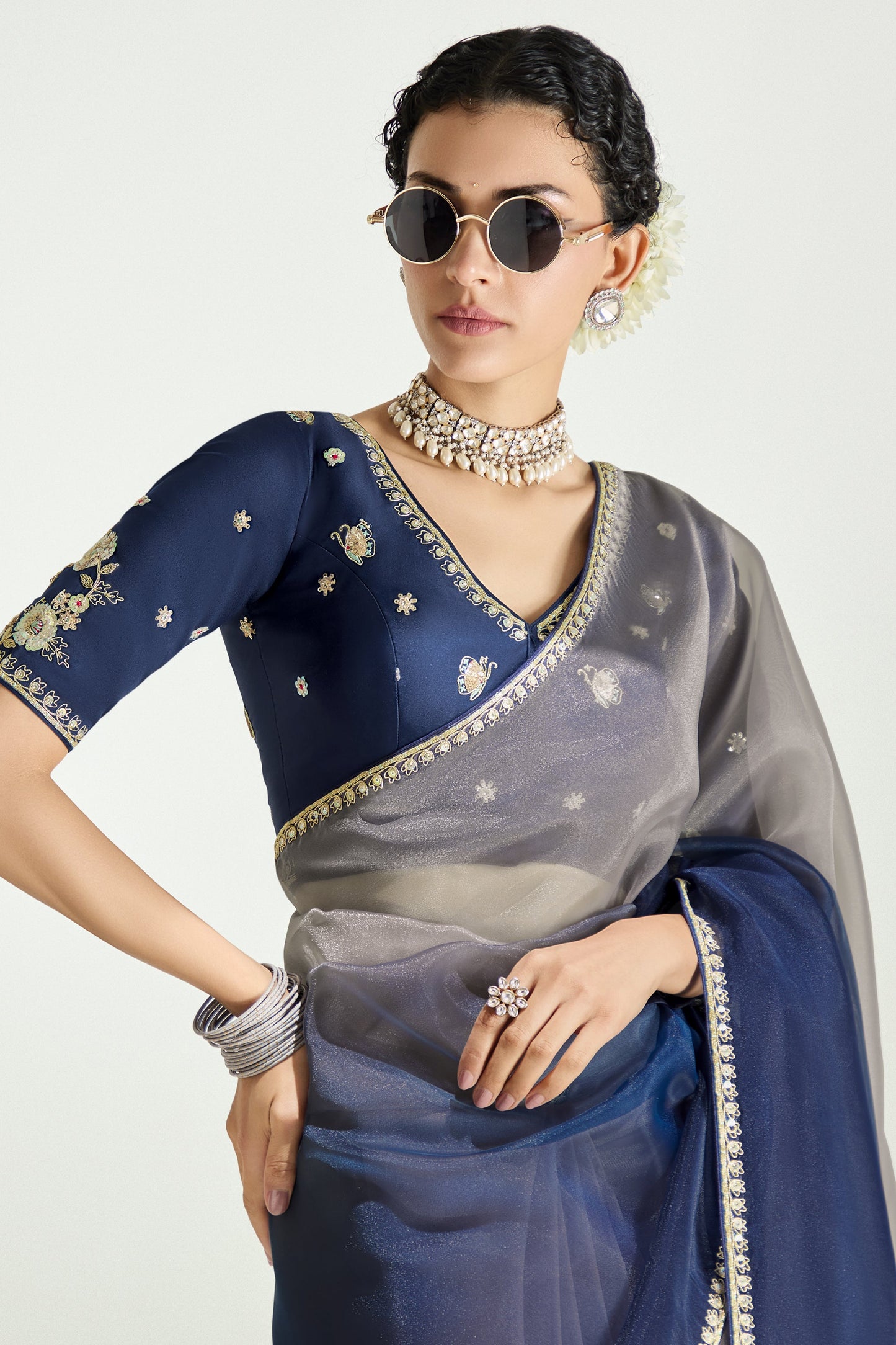 2-Tone Blue Organza Tissue Saree-ZB134897_2_SareeButa.com