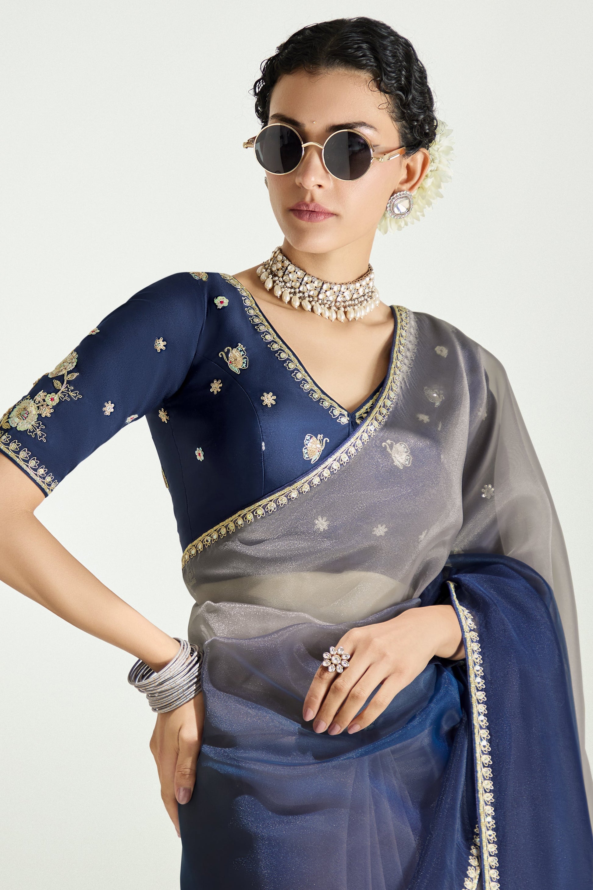 2-Tone Blue Organza Tissue Saree-ZB134897_2_SareeButa.com