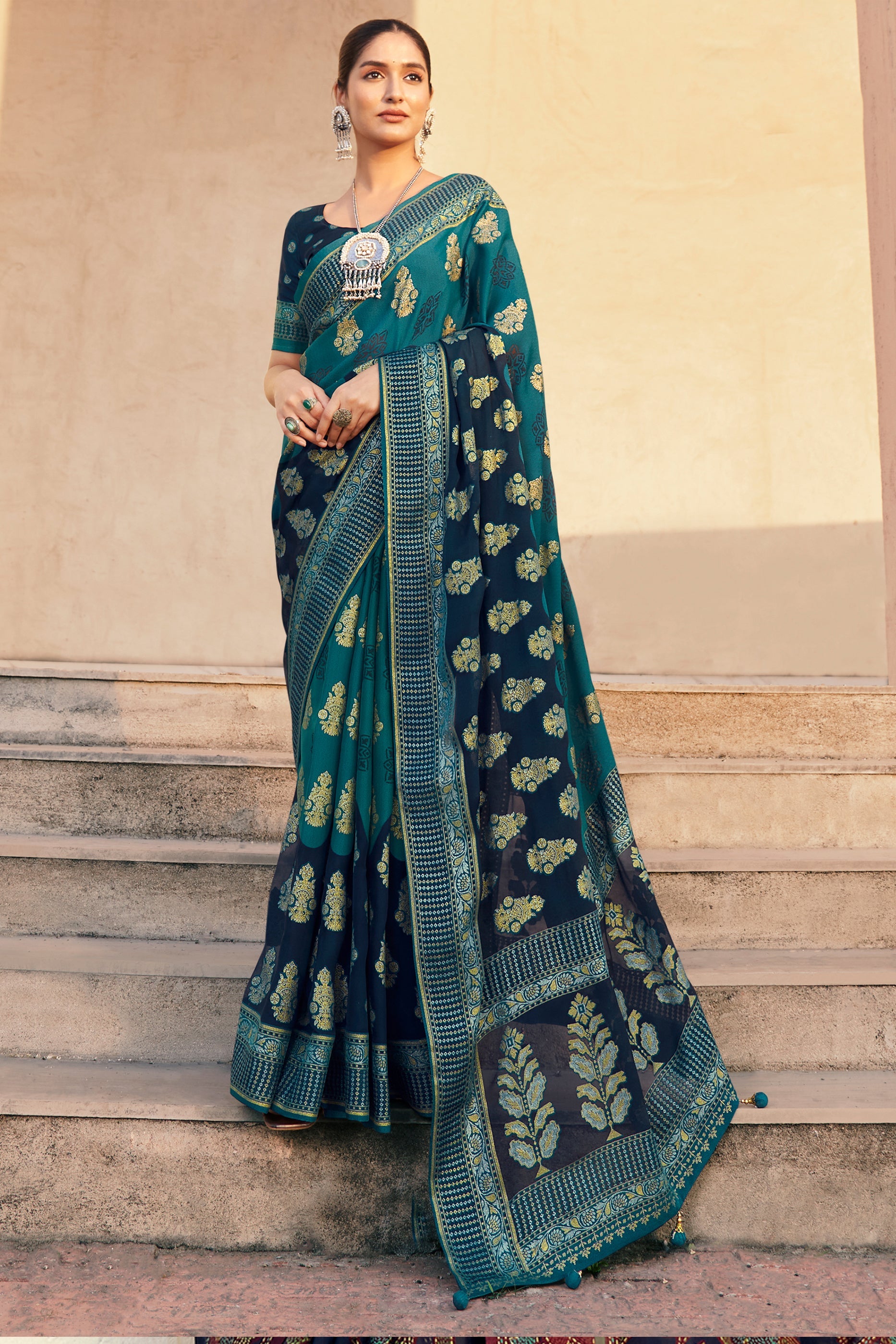2-Tone Blue Printed Georgette Saree-SAR10120_1_SareeButa.com