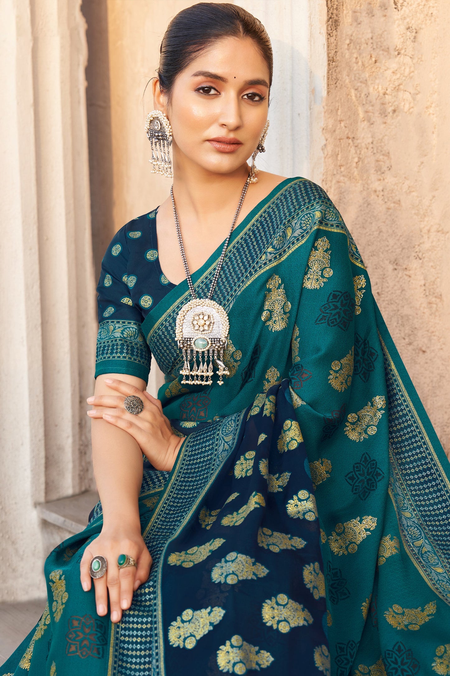 2-Tone Blue Printed Georgette Saree-SAR10120_2_SareeButa.com