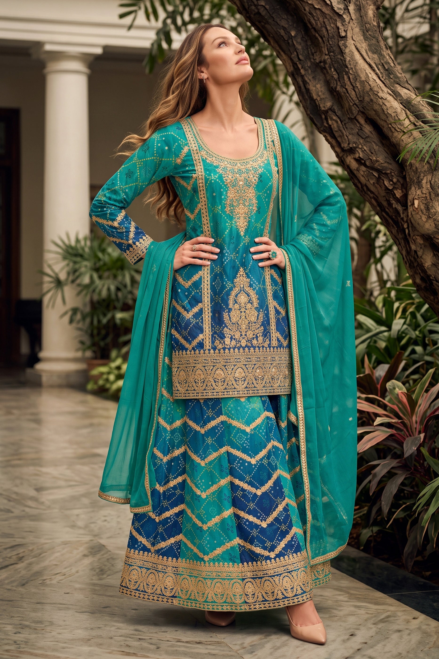 2-Tone Blue Readymade Embroidered Chinon Suit-SAR12807_1_SareeButa.com