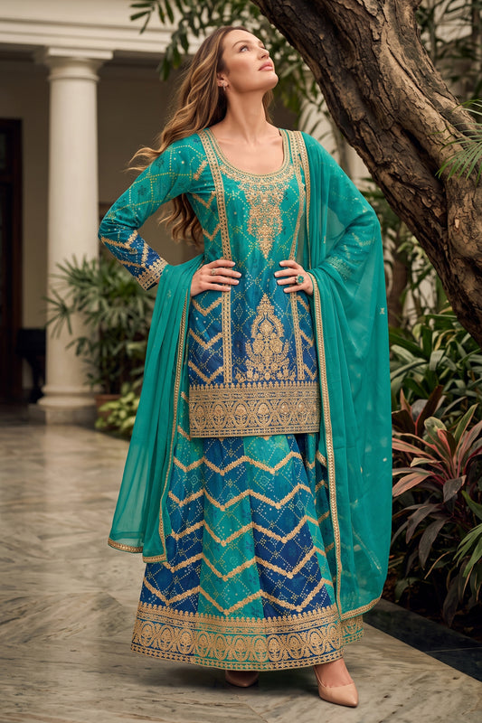 2-Tone Blue Readymade Embroidered Chinon Suit-SAR12807_1_SareeButa.com