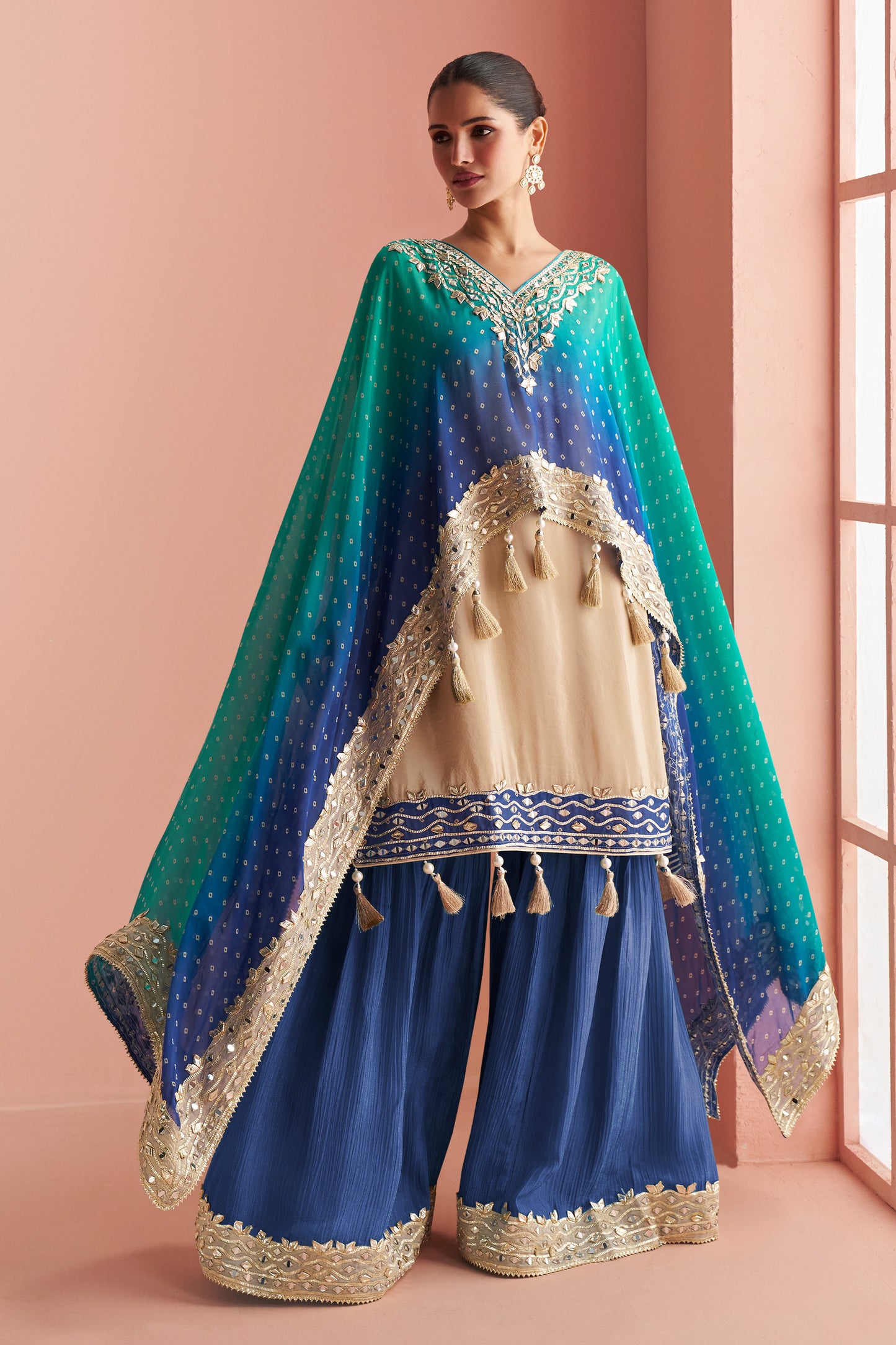 2-Tone Blue Readymade Mirror Work Kaftan Suit-SAR13162_1_SareeButa.com