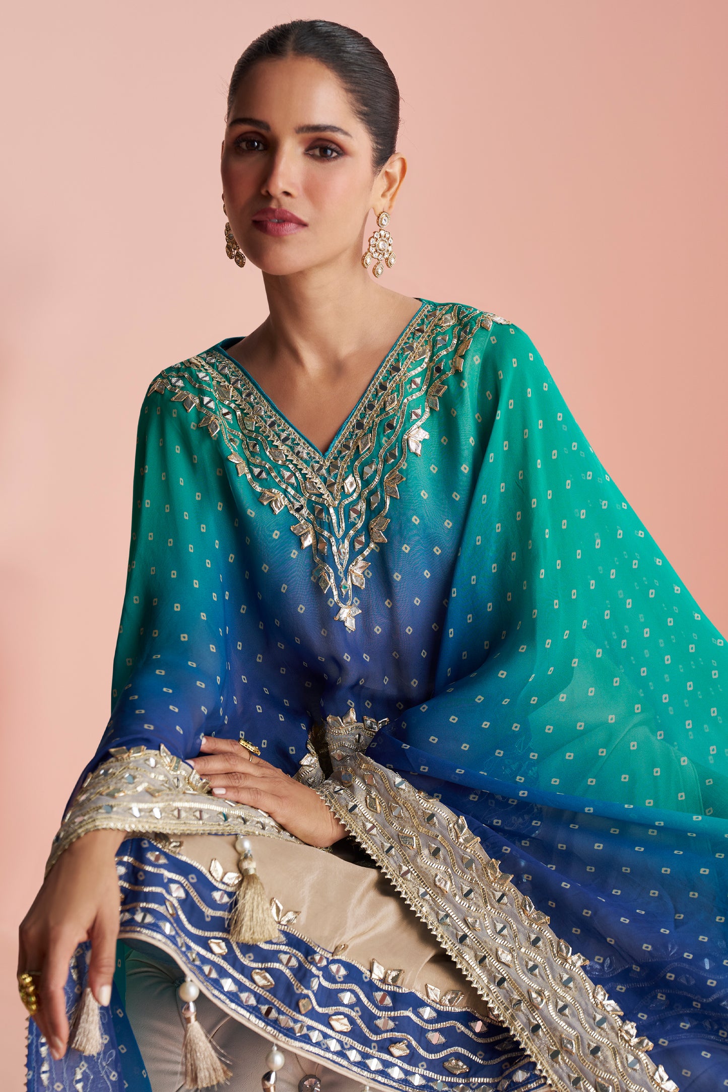 2-Tone Blue Readymade Mirror Work Kaftan Suit-SAR13162_2_SareeButa.com