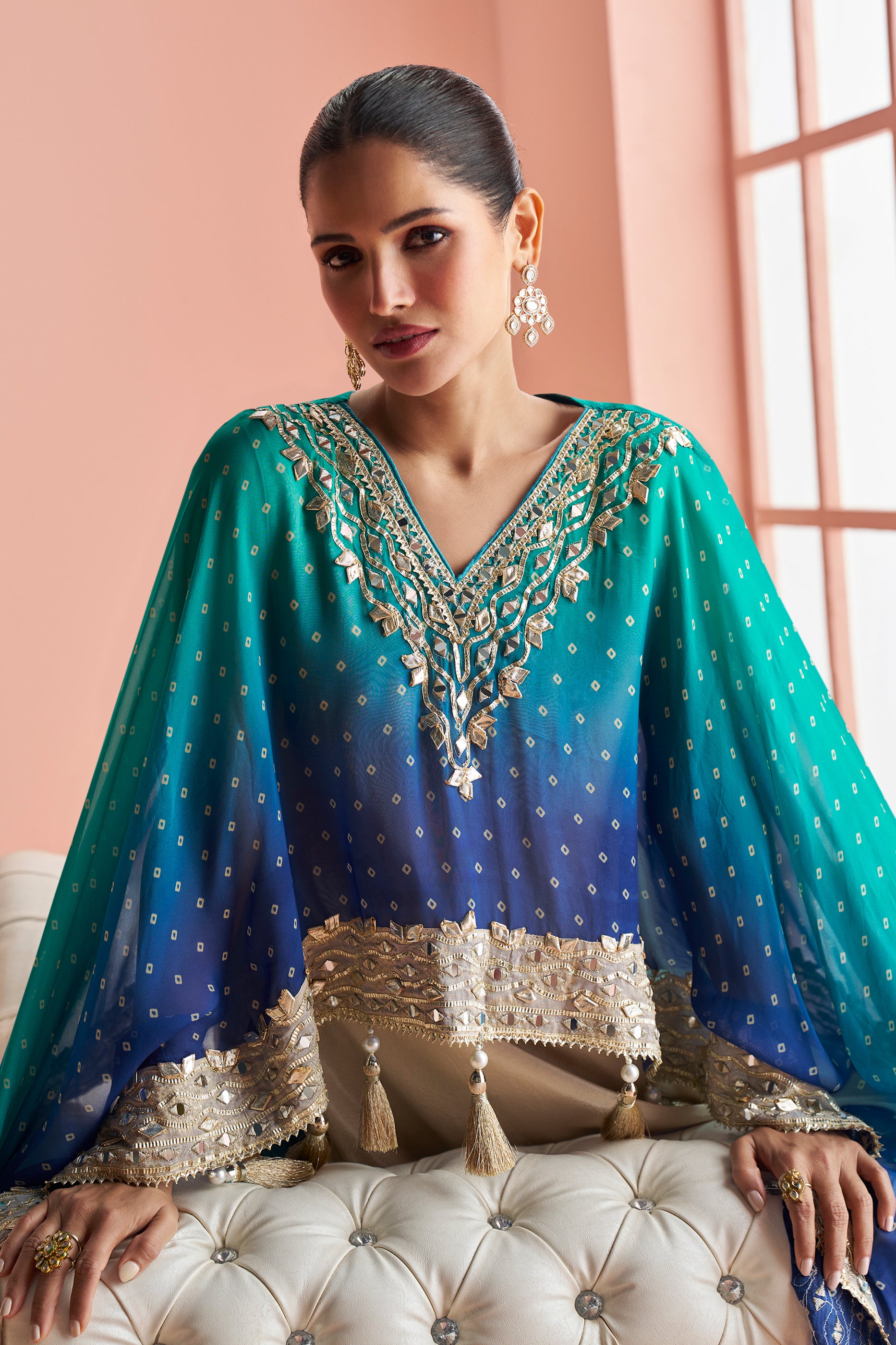2-Tone Blue Readymade Mirror Work Kaftan Suit-SAR13162_3_SareeButa.com