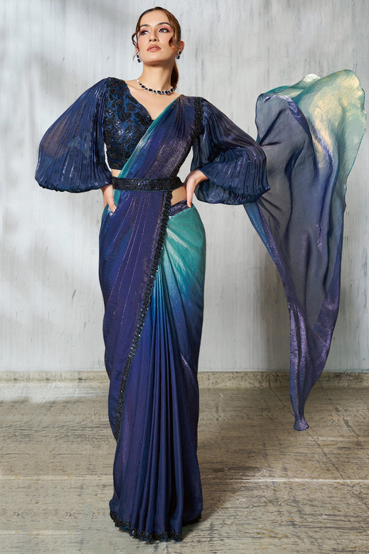 2-Tone Blue Satin Silk Readymade Saree-SAR11132_1_SareeButa.com