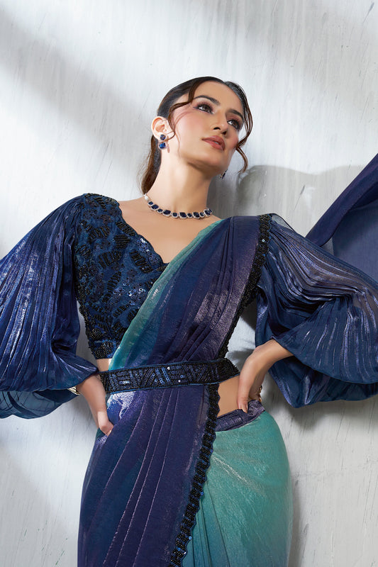 2-Tone Blue Satin Silk Readymade Saree-SAR11132_2_SareeButa.com