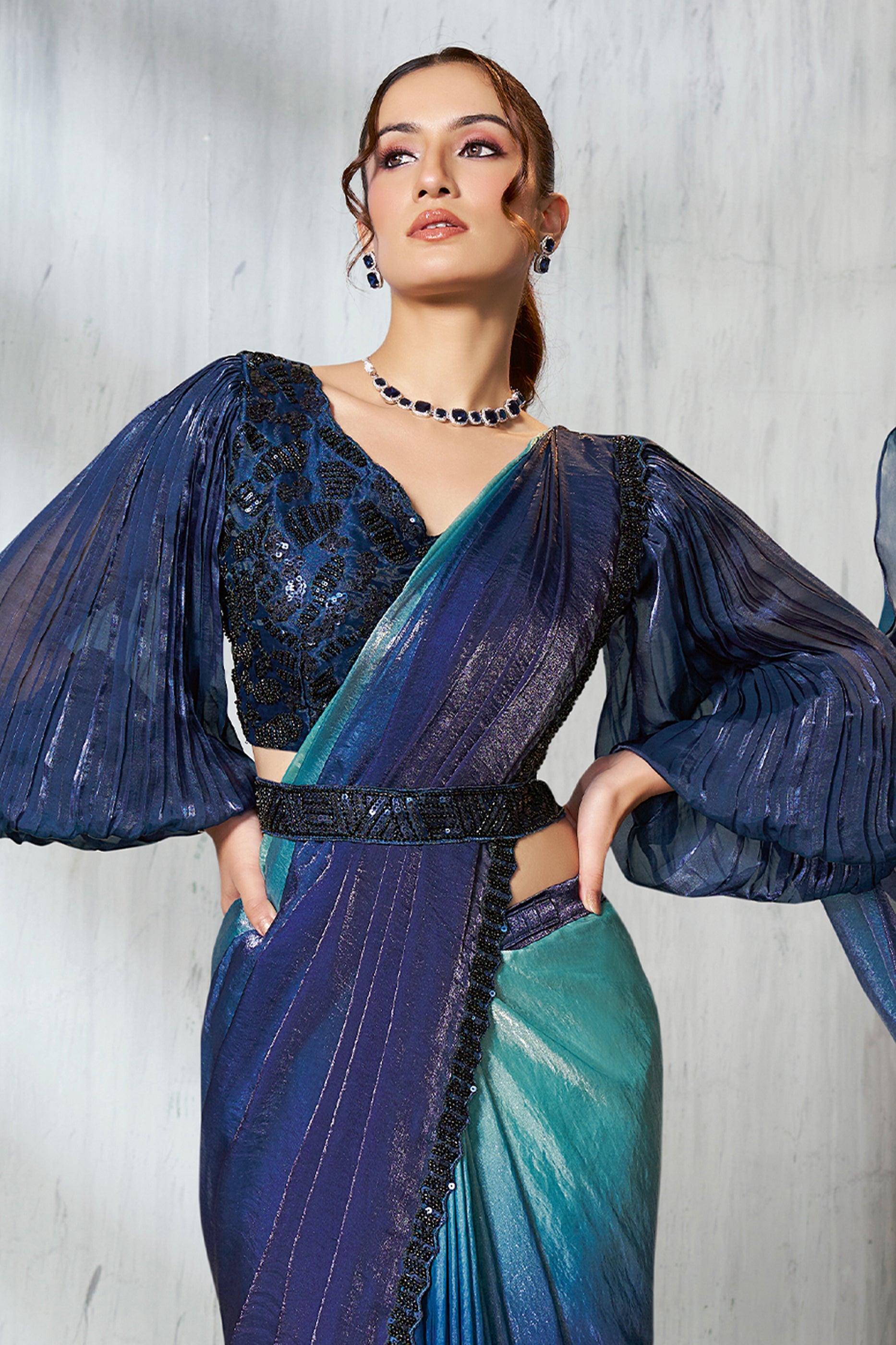 2-Tone Blue Satin Silk Readymade Saree-SAR11132_3_SareeButa.com