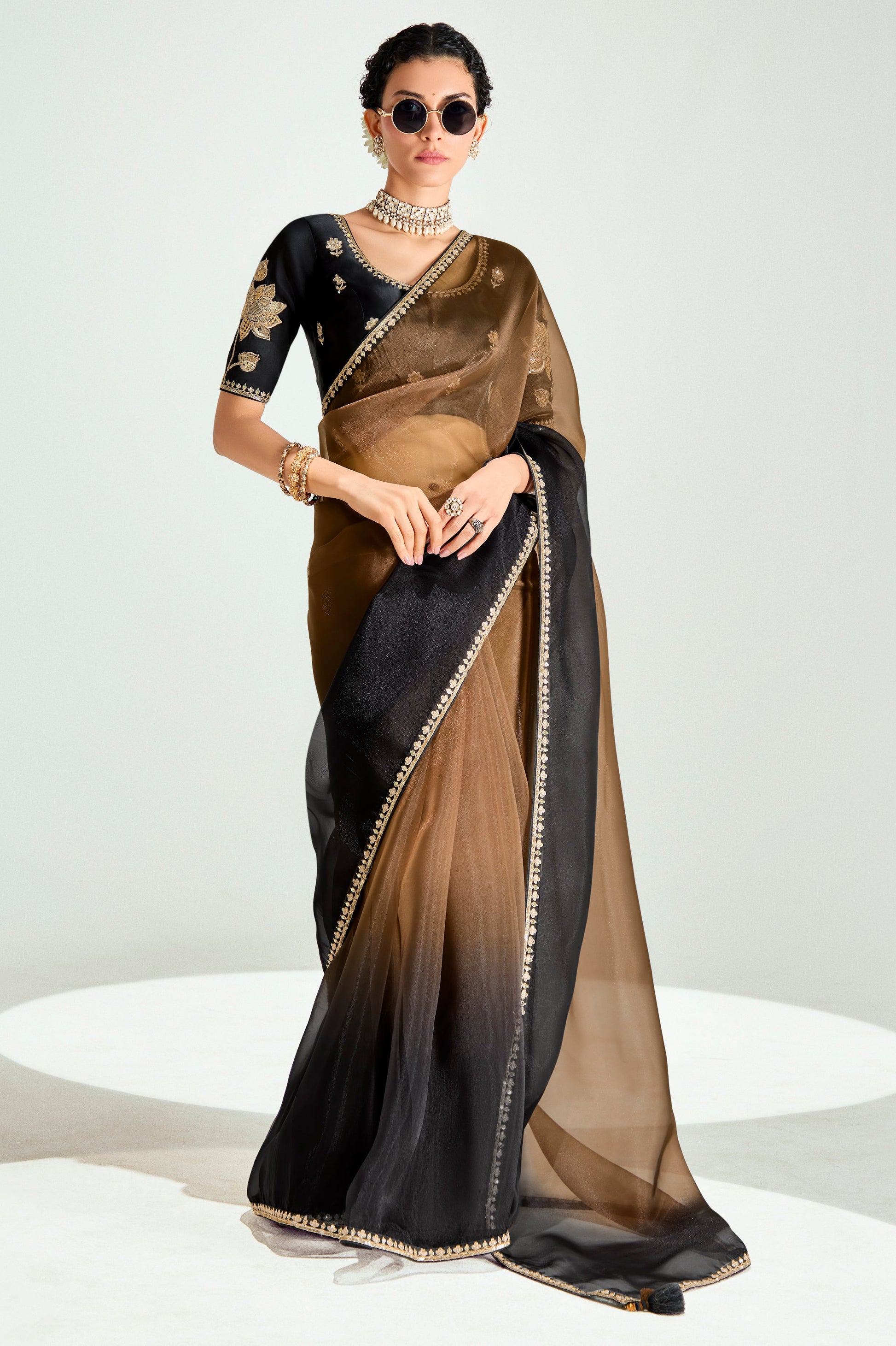 2-Tone Brown Organza Tissue Saree-ZB134893_1_SareeButa.com