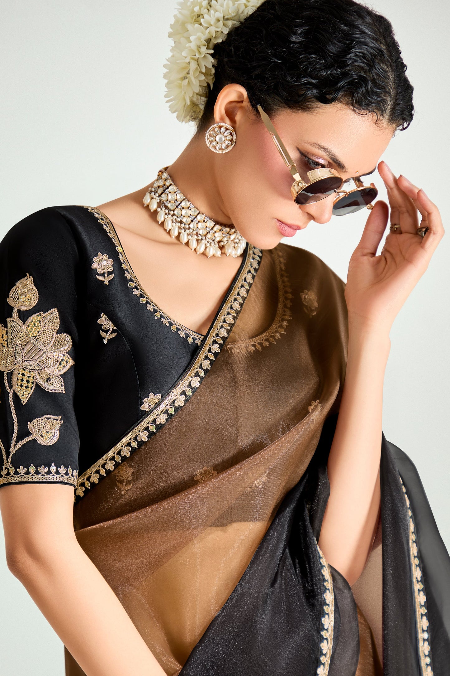 2-Tone Brown Organza Tissue Saree-ZB134893_2_SareeButa.com