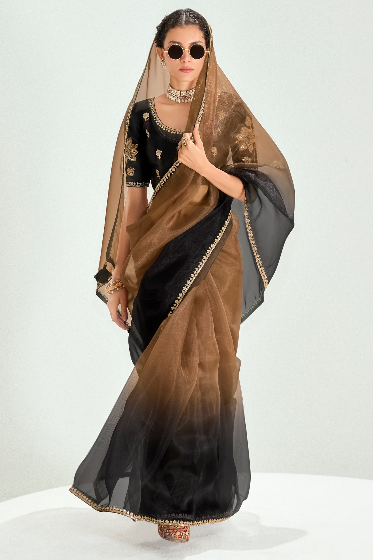 2-Tone Brown Organza Tissue Saree-ZB134893_4_SareeButa.com
