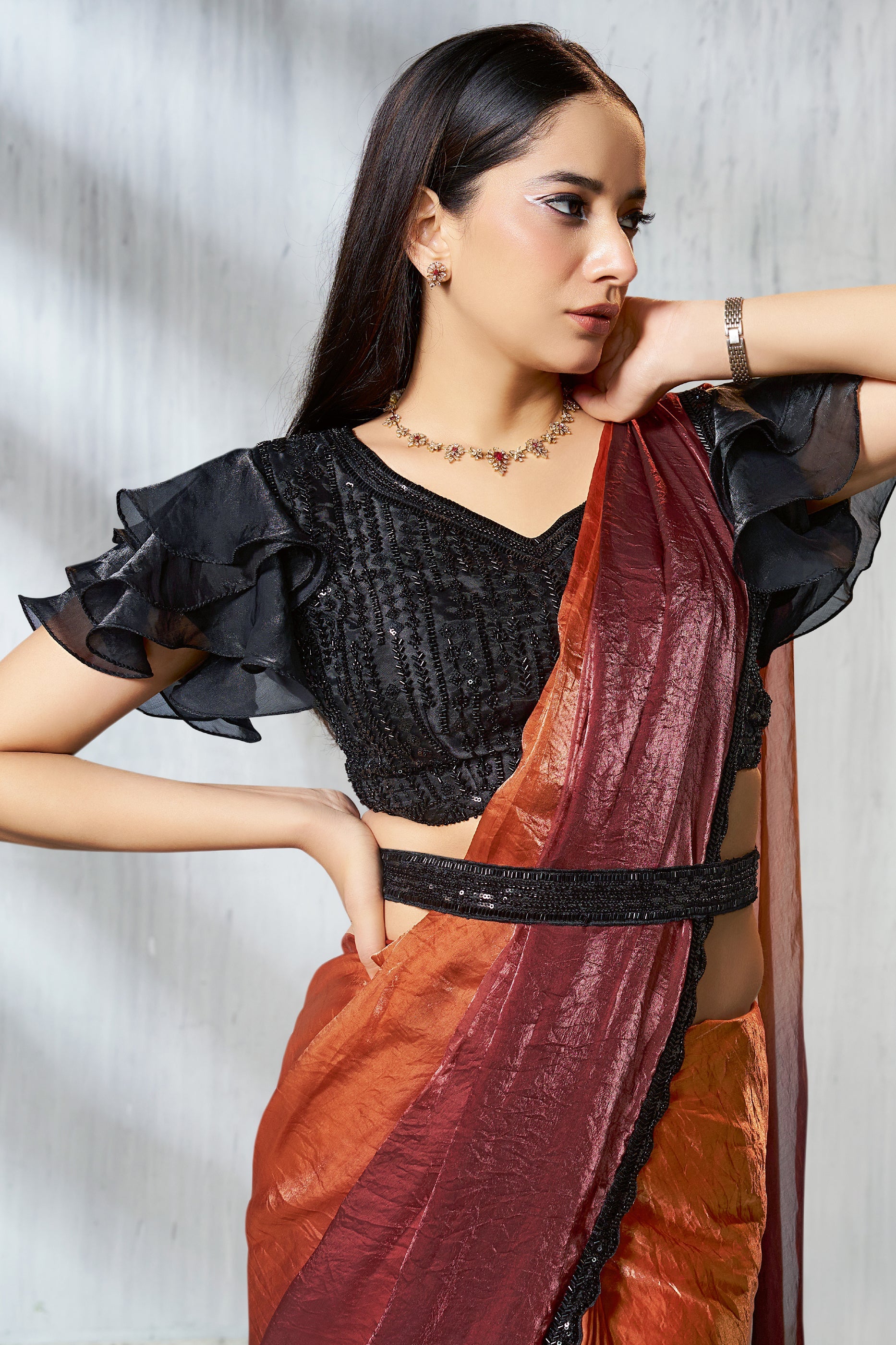 2-Tone Brown Satin Silk Readymade Saree-SAR11131_2_SareeButa.com